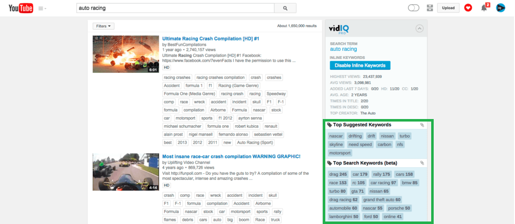 VidIQ review - keywords suggestions