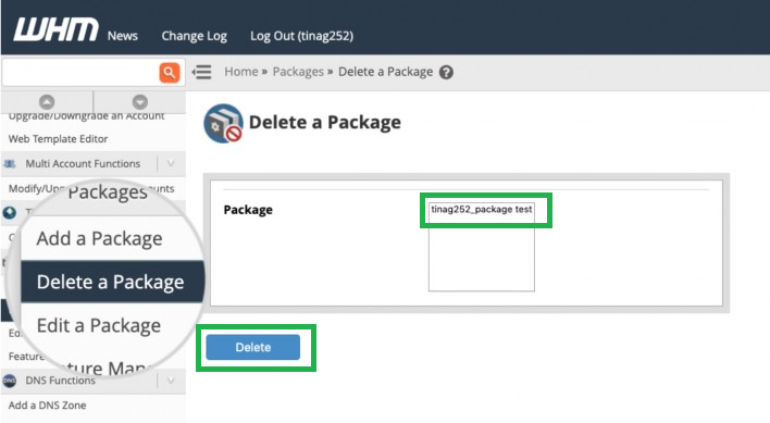 delete package in WHM