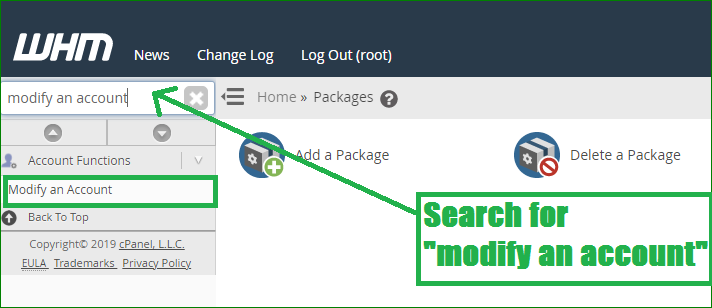 how to Modify a customer account on WHM