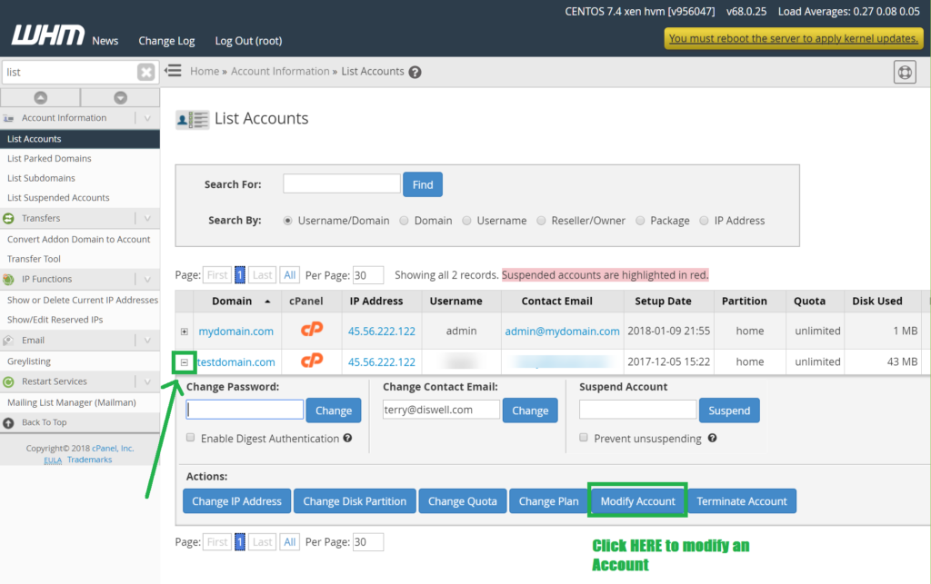 how to Modify a customer account on WHM