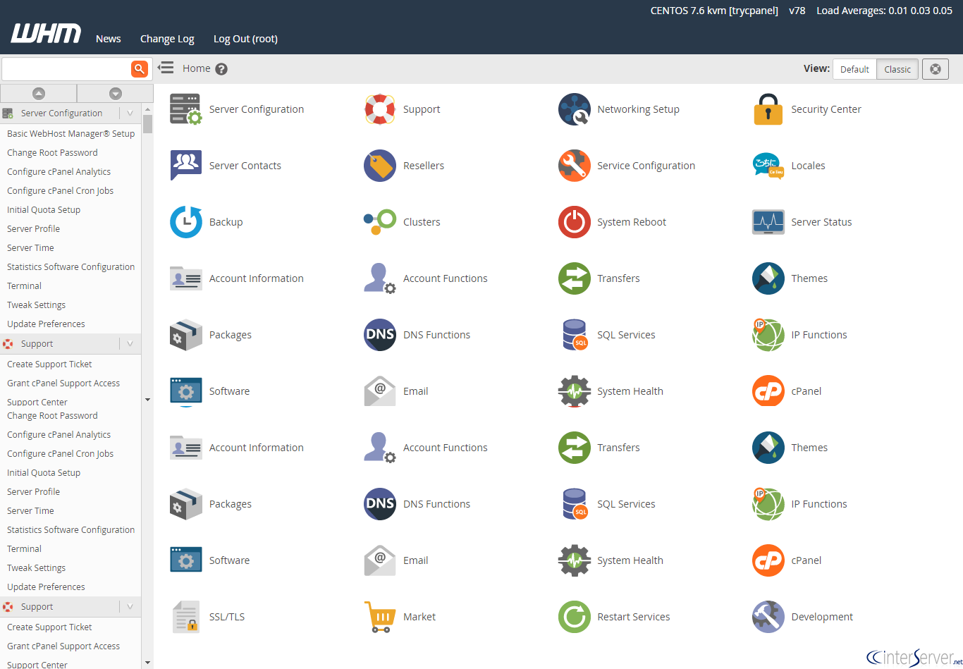 WHM dashboard