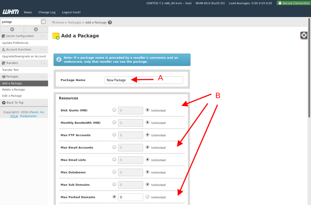 2. Fill in the following information: Package name : this is the name you will give to your package Disk quota (MB) : this is the disk space quota that will be allocated to this formula. Monthly bandwidth (MB) : This is the bandwidth that will be allocated Maximum number of FTP accounts: This is the number of FTP accounts that can be created with this pack. Maximum number of email accounts : This is the maximum number of email addresses authorized with this package. Max Quota per email Address (MB) : The maximum disk space quota per email address. The quota is defined in number of MB. Maximum number of email lists : these are mailing lists Maximum number of databases : You can define the maximum number of databases that can be created with this pack. Maximum number of subdomains : Define the number of subdomains that can be created. Maximum number of parked domains