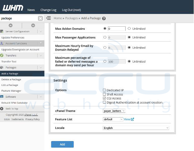 add hosting package in WHM
